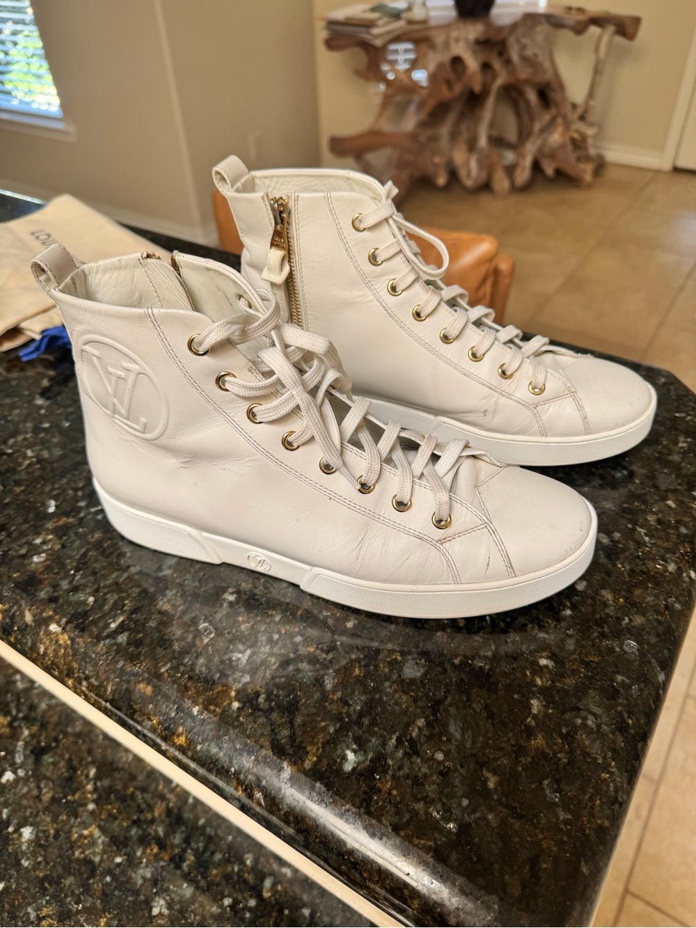 Louis Vuitton Cream Leather High-Top Sneakers with Gold Hardware